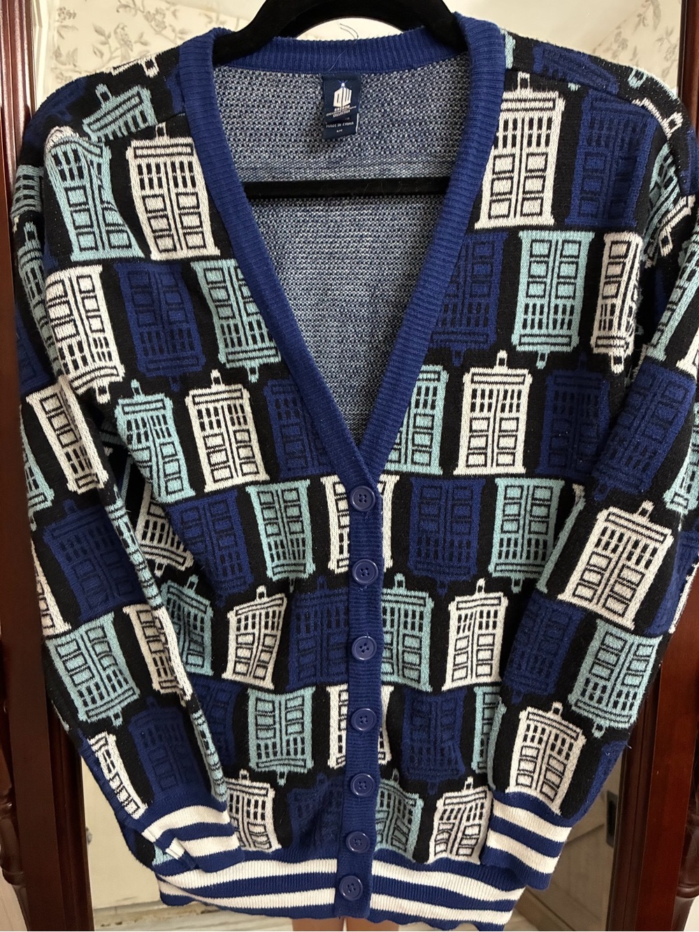 Hot Topic Doctor Who Blue Navy White Patterned Button-Up Cardigan